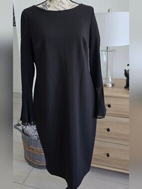 Calvin Klein Black Long-Sleeve Shift Dress with Fluted Cuffs